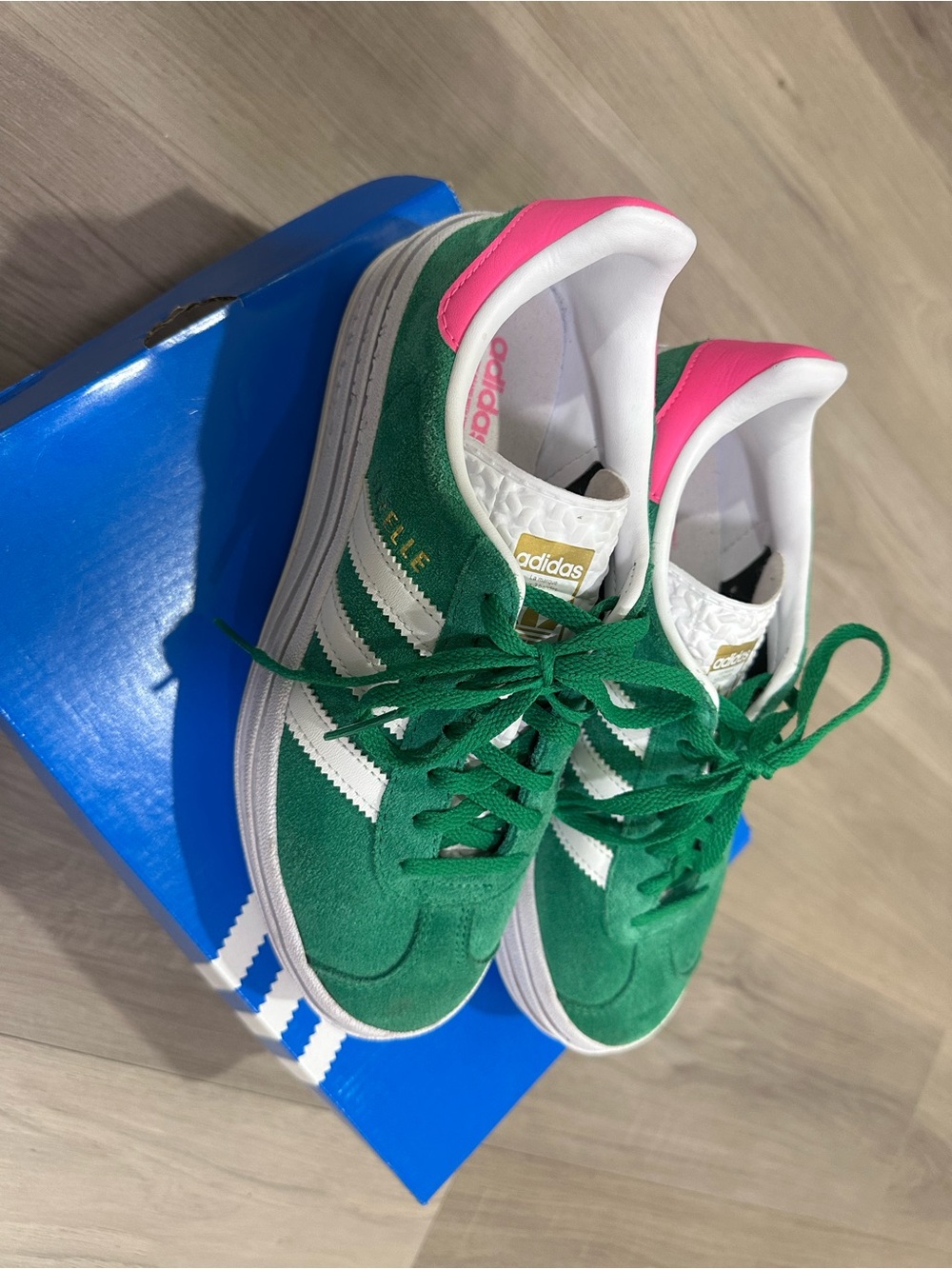 adidas Women's Gazelle Sneakers in Green with Pink Heel
